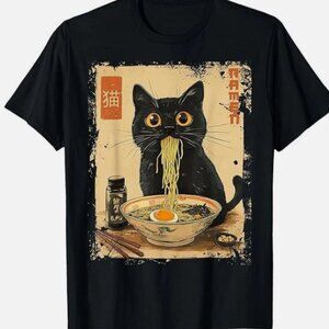 Japanese Ramen Black Cat Distressed Graphic T-Shirt